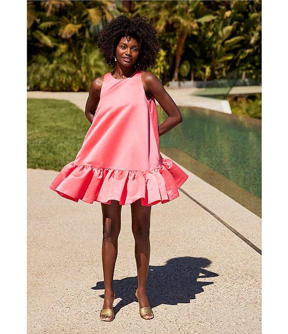 Trina Turk Winner Satin Crew Neck Sleeveless Flounce Ruffle Hem Mini Dress Product Image