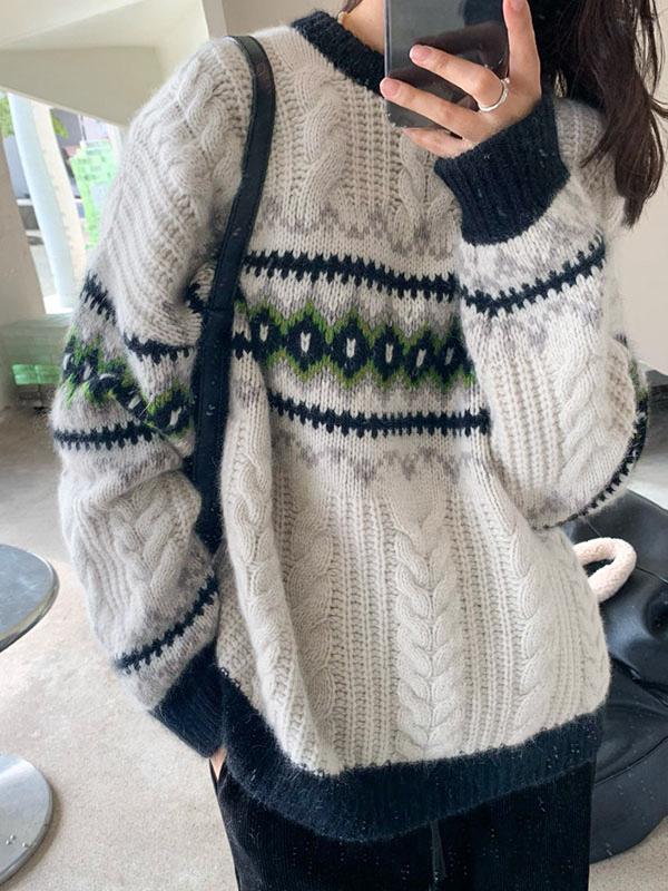 Vintage Jacquard Cable Knit Pullover Sweater Product Image