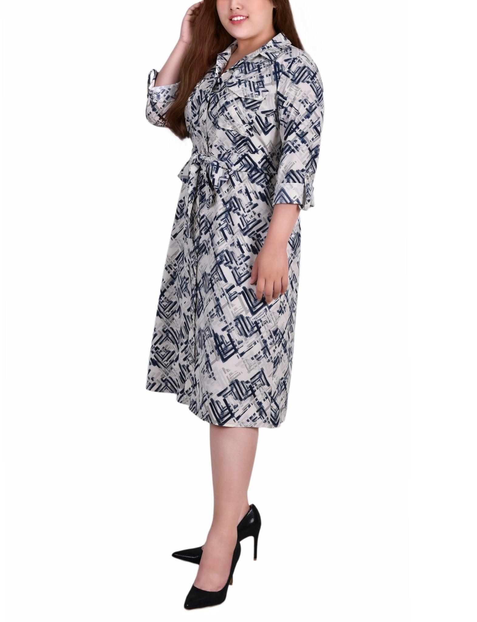 Blue White 3/4 Roll Tab Sleeve Belted Shirtdress - Plus Product Image