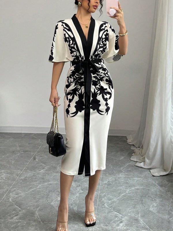 Half Sleeves Flower Print Printed Tied Waist V-Neck Midi Dresses Product Image