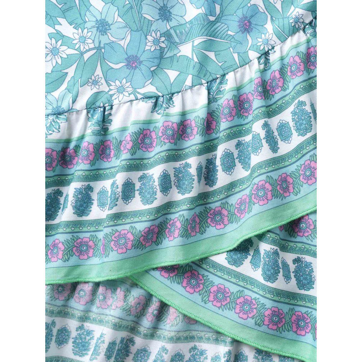 Plus Size Floral Ruffled Wrap Midi Skirt Women Arctic Resort Shirred Loose No stretch Side seam pocket Vacation Skirts BloomChic 14-16/1X Product Image