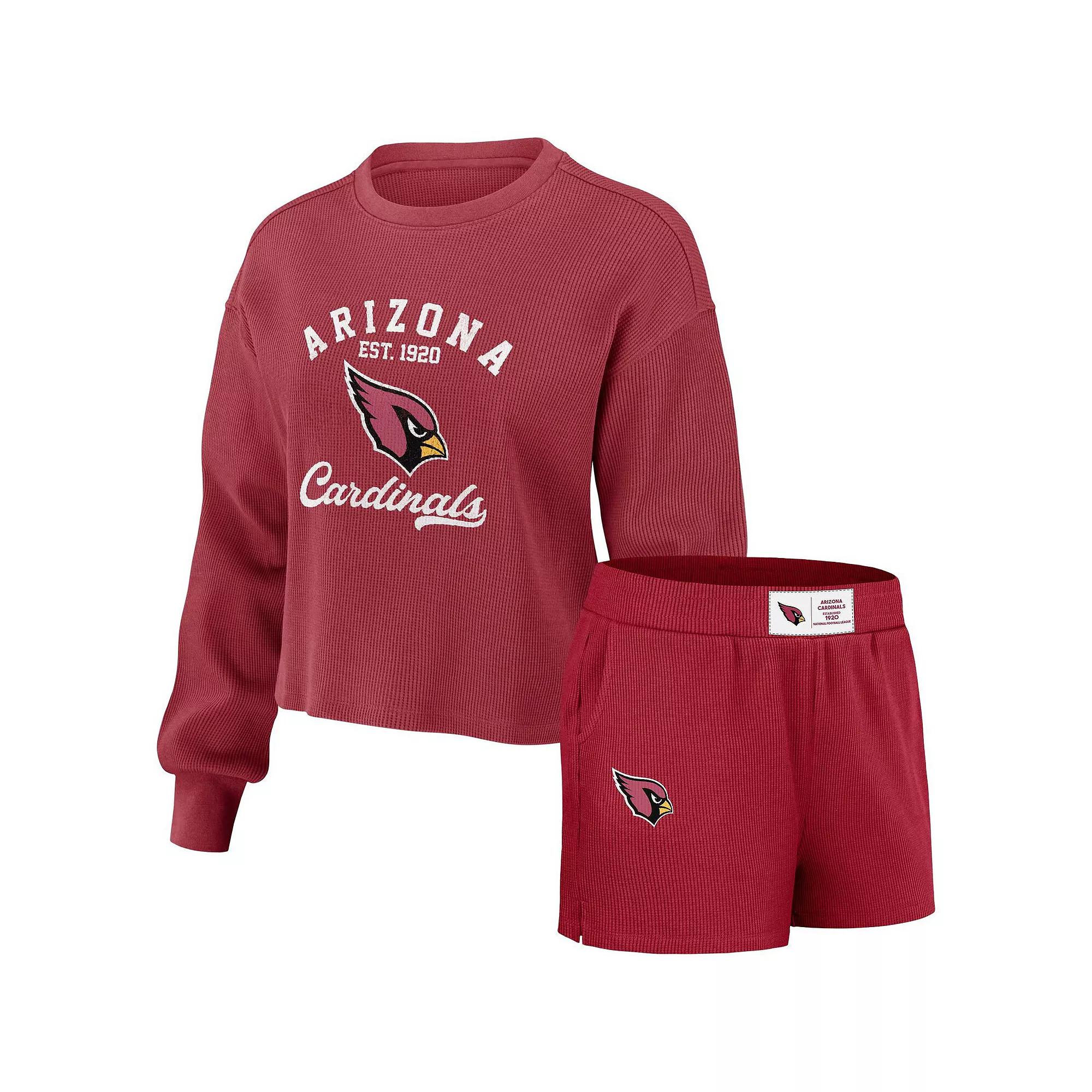 Women's WEAR by Erin Andrews Cardinal Arizona Cardinals Waffle Knit Long Sleeve T-Shirt & Shorts Lounge Set,  Product Image