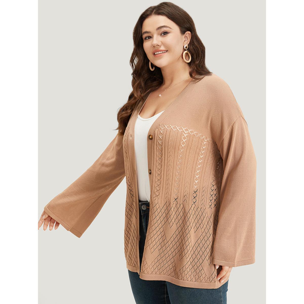 Plus Size Geometric Hollow Out Button Up Cardigan Tan Women Casual Loose Long Sleeve Everyday Cardigans BloomChic 18-20/2X Product Image