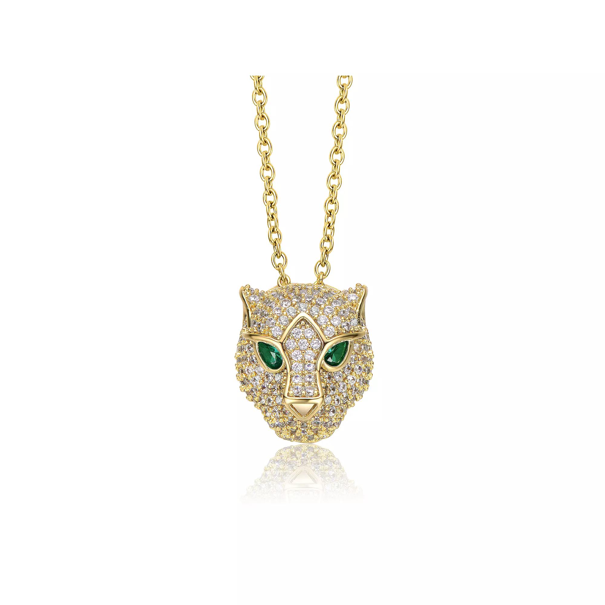 14k Gold Plated Cubic Zirconia 3D Panther Head Pendant Necklace, Womens Gold Tone Product Image