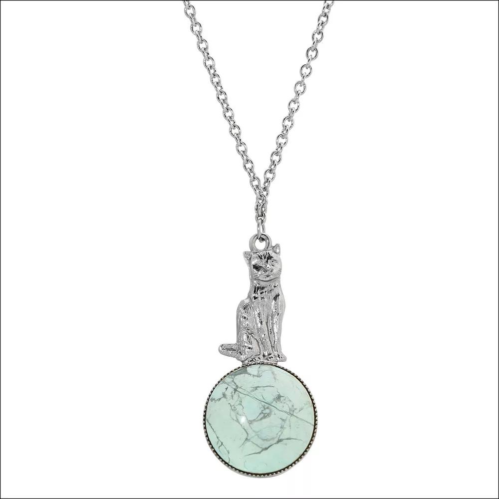 1928 Silver Tone Turquoise Cat Pendant Necklace, Women's Product Image
