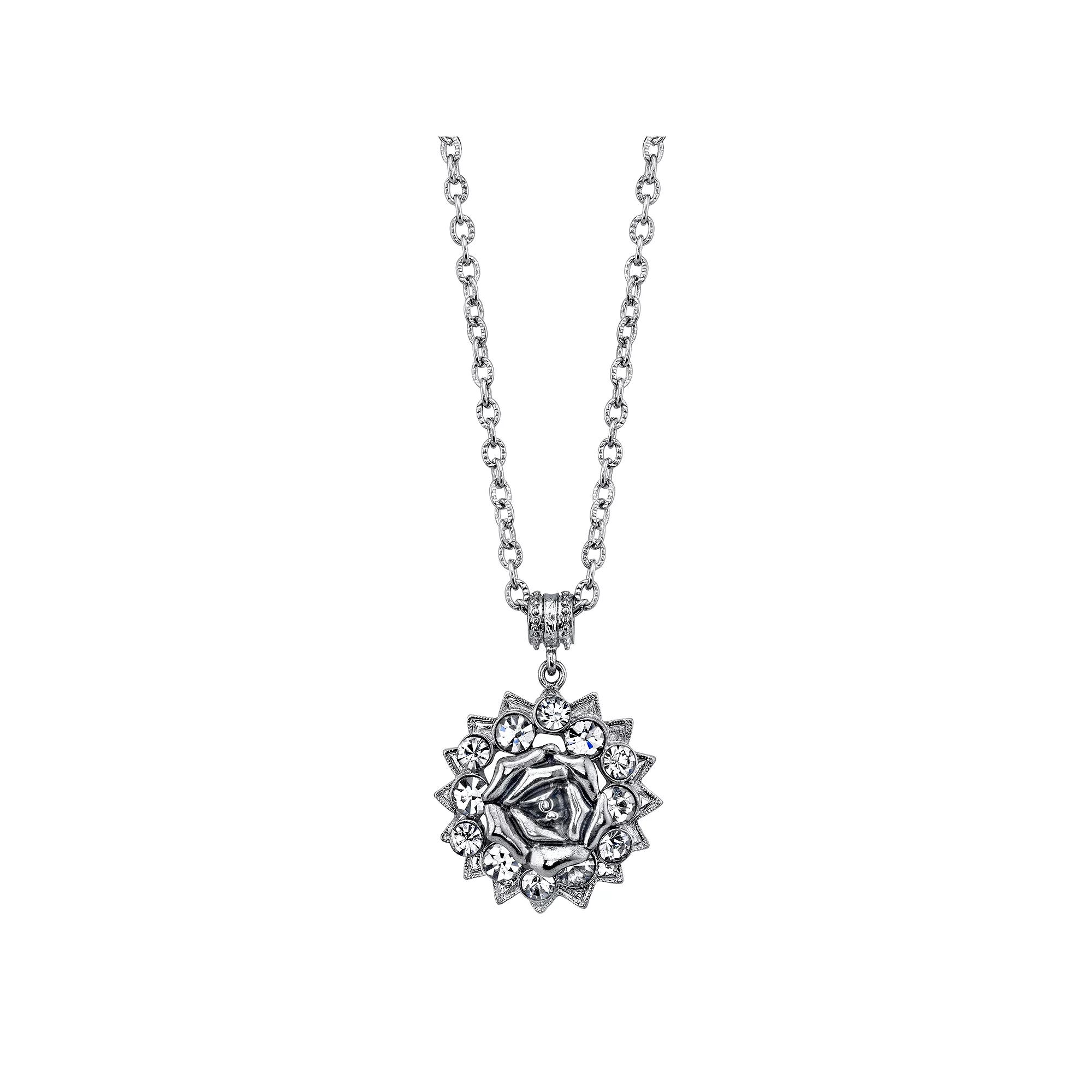 1928 Silver Tone Rose & Simulated Crystal Pendant Necklace, Womens Product Image