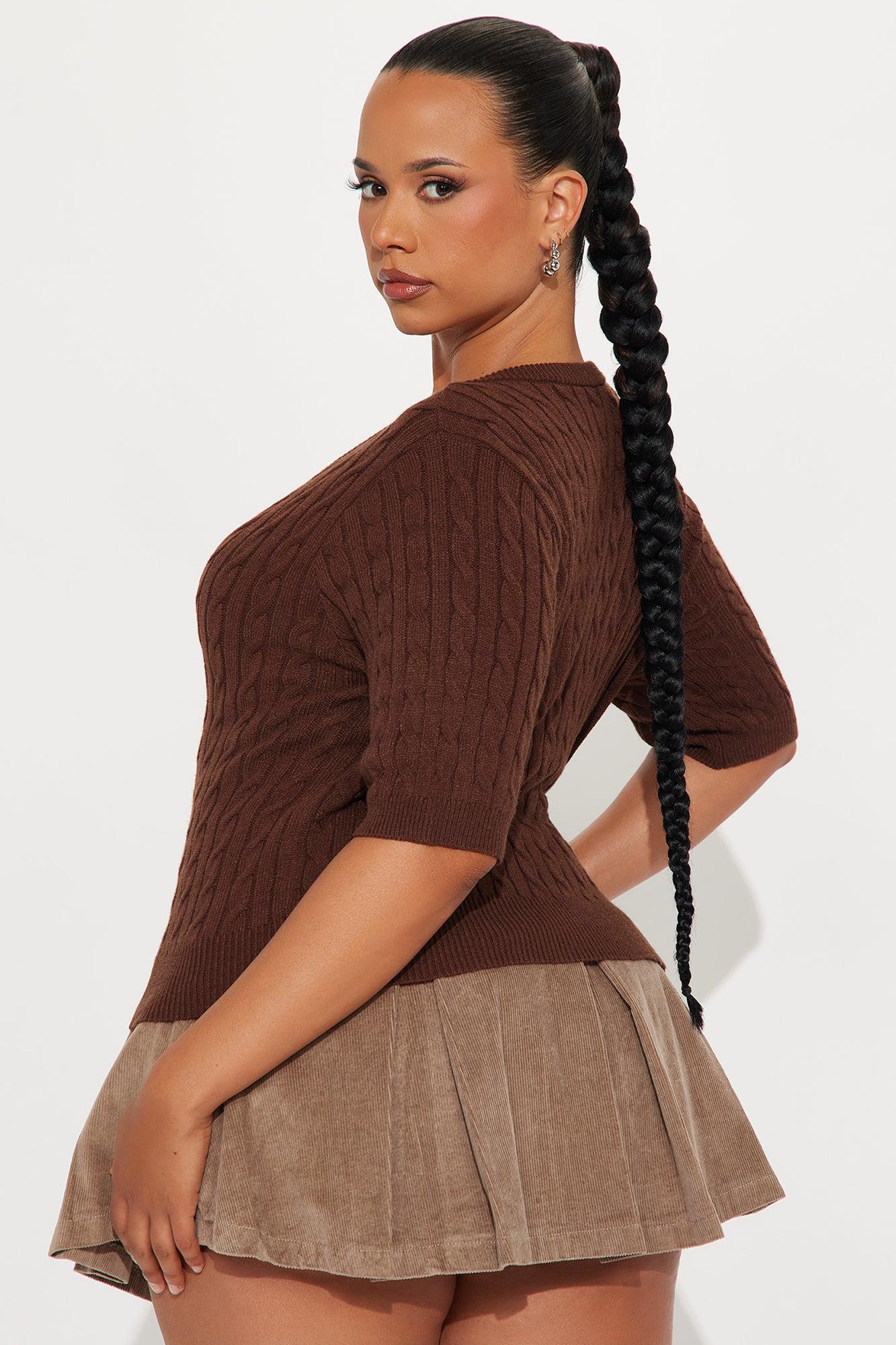 Elowen Short Sleeve Cable Knit Cardigan - Chocolate Female Product Image