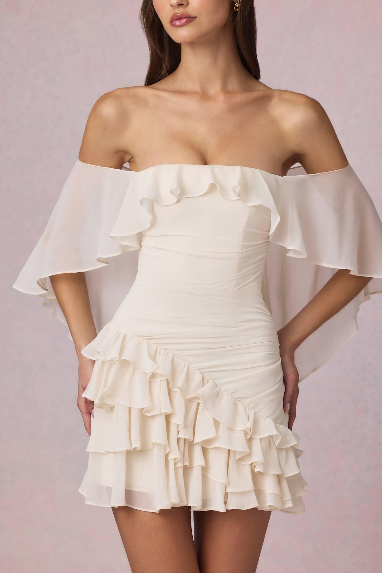Off-Shoulder Ruffled Mini Dress in Ivory Product Image