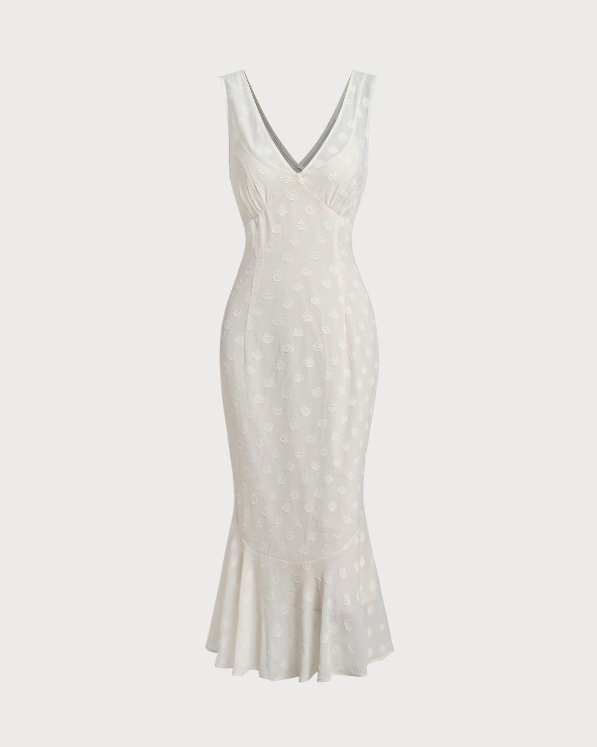 Beige Polka Dot V-Neck Midi Dress Product Image