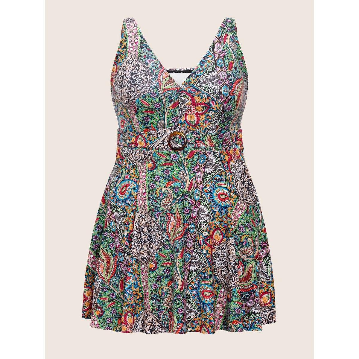 Plus Size Bandana Print Buckle Detail Gathered Swim Dress Women's Swimwear Multicolor Beach Bodycon V-neck High stretch Curve Swim Dresses BloomChic 26/4X Product Image