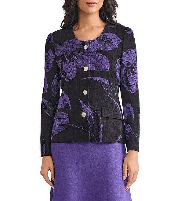 MISOOK Floral Jacquard Scoop Neck Long Sleeve Jacket Product Image