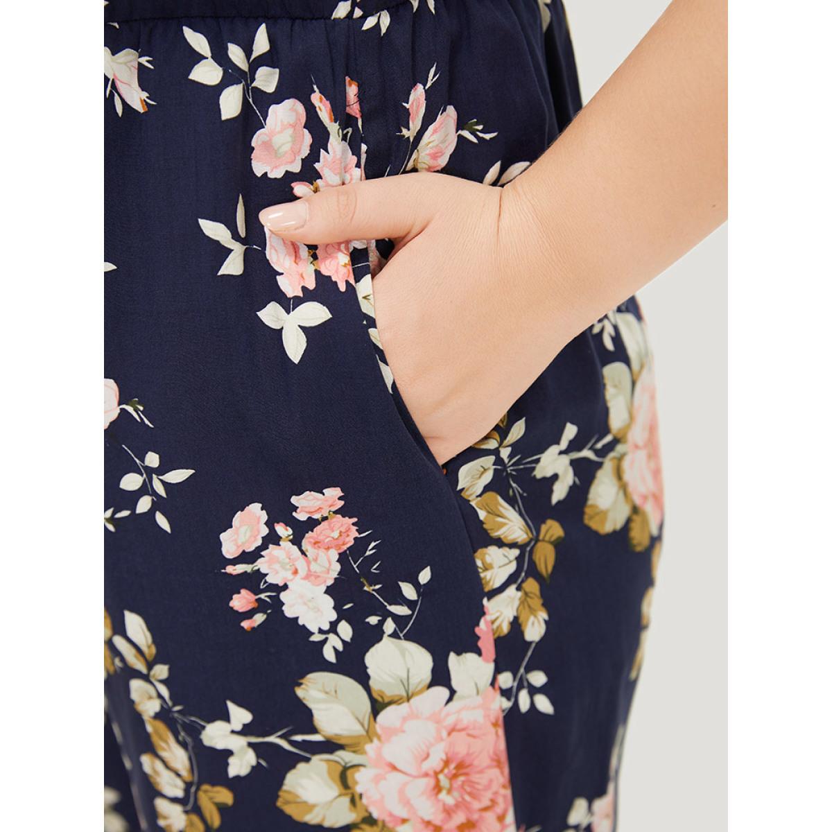 Plus Size DarkBlue Floral Belt Pocket Knot Shoulder Jumpsuit Women Elegant Sleeveless Spaghetti Strap Dailywear Loose Jumpsuits BloomChic 14-16/1X Product Image