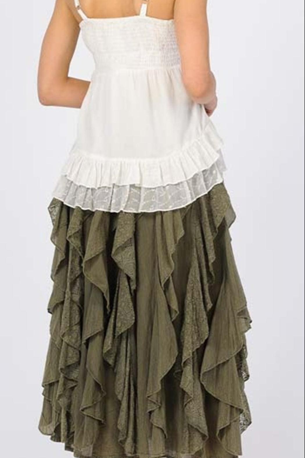 RUFFLED LONG OLIVE SKIRT Product Image