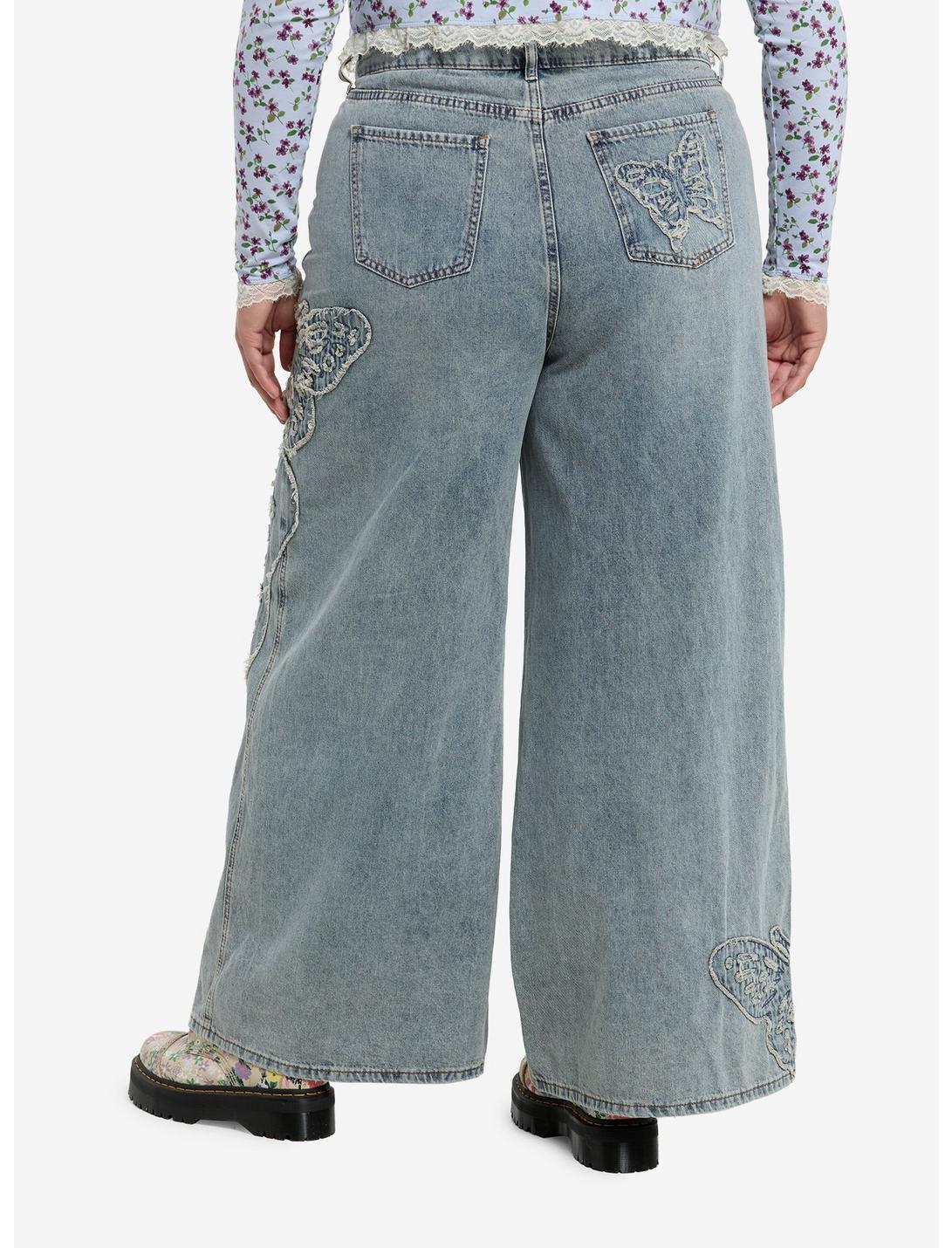 Light Wash Frayed Butterfly Wide Leg Denim Pants Plus Size Product Image