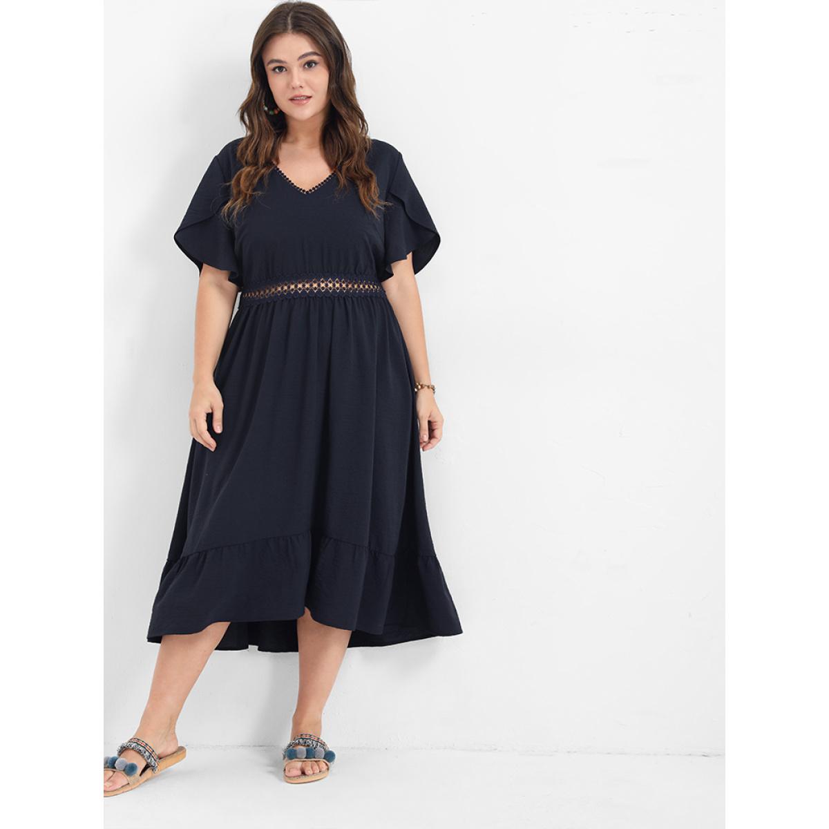 Plus Size Solid V Neck Eyelet Lace Split Sleeve Midi Dress DarkBlue Women Patchwork V-neck Short sleeve Curvy Midi Dress BloomChic 10/M Product Image