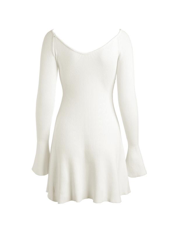 Solid V Neck Ribbed A-line Knit Mini Dress Product Image