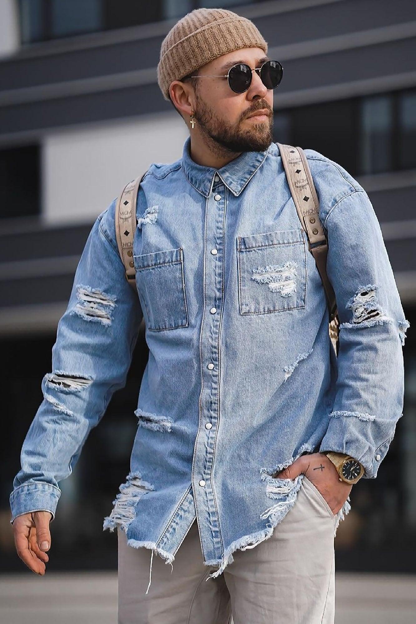 Essential Distressed Denim Woven Top - Light Wash Product Image