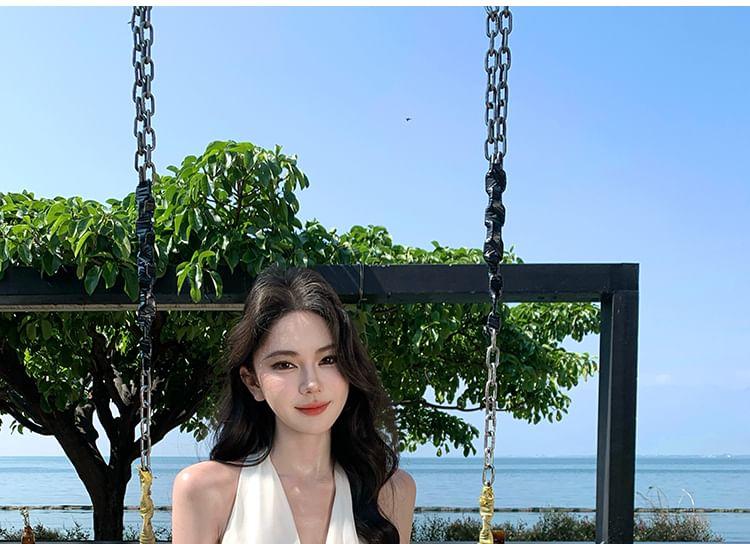 Halter-Neck Plain Ruffled Floral Midi A-Line Dress Product Image