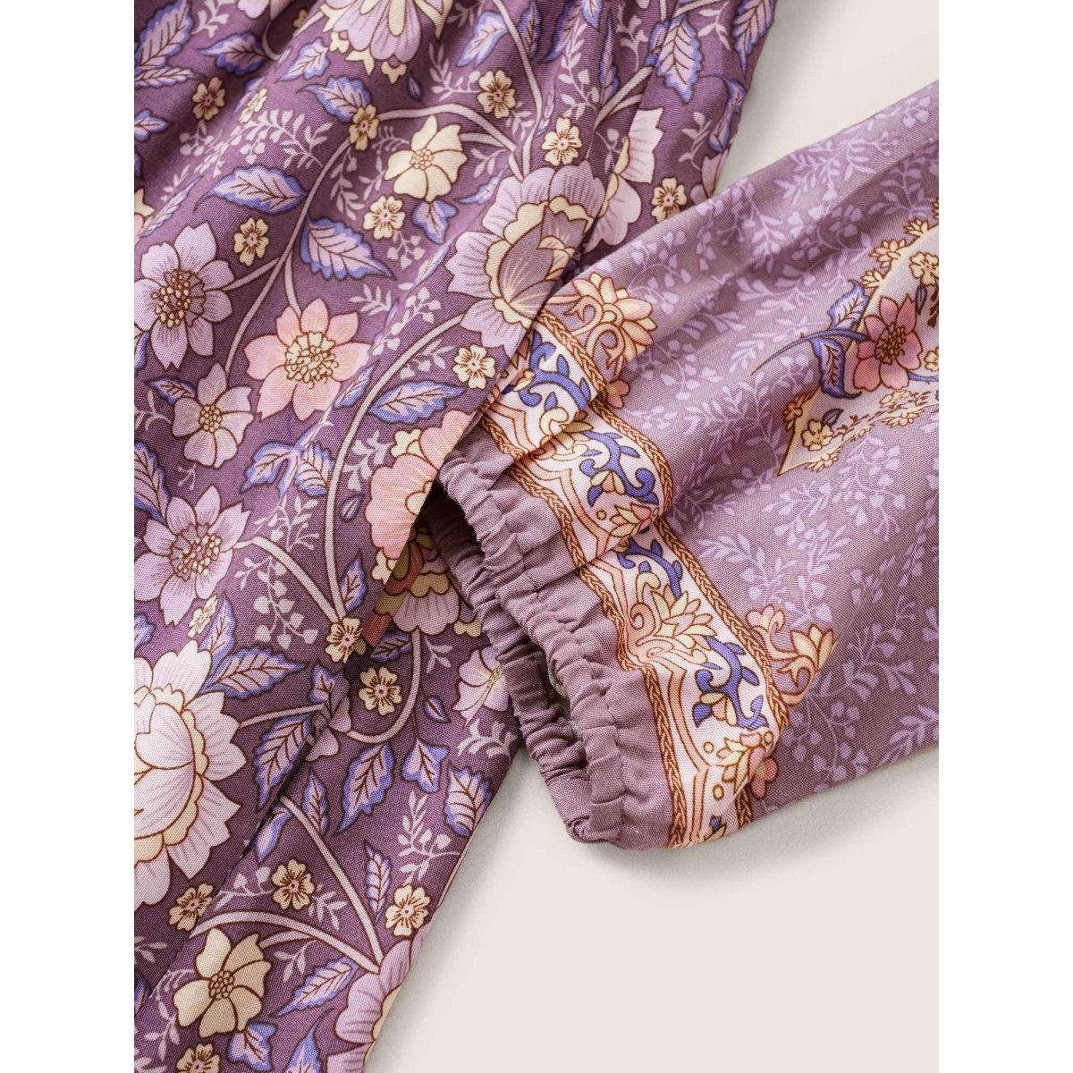 Plus Size Boho Print Belted Notched Lantern Sleeve Dress Mauve Women Resort Non Notched collar Long Sleeve Curvy Midi Dress BloomChic 22-24/3X Product Image