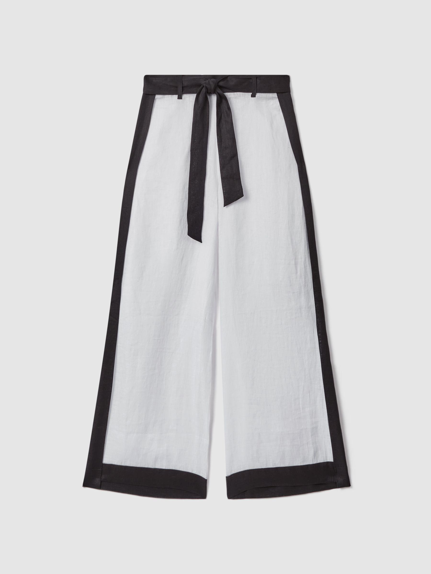 Linen Side Split Trousers in White/Navy Product Image