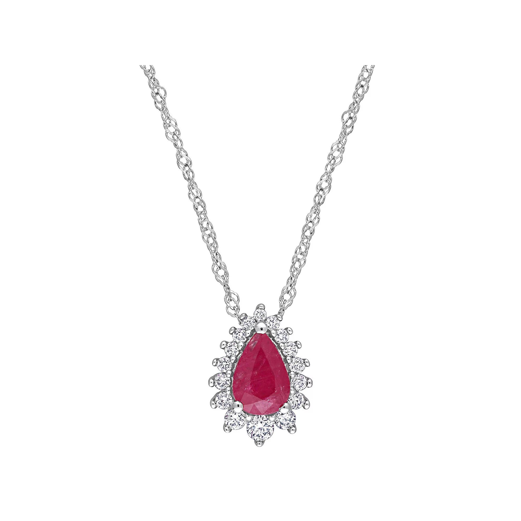 Stella Grace 14k White Gold Ruby & 1/8 Carat T.W. Diamond Teardrop Pendant Necklace, Women's,  Product Image