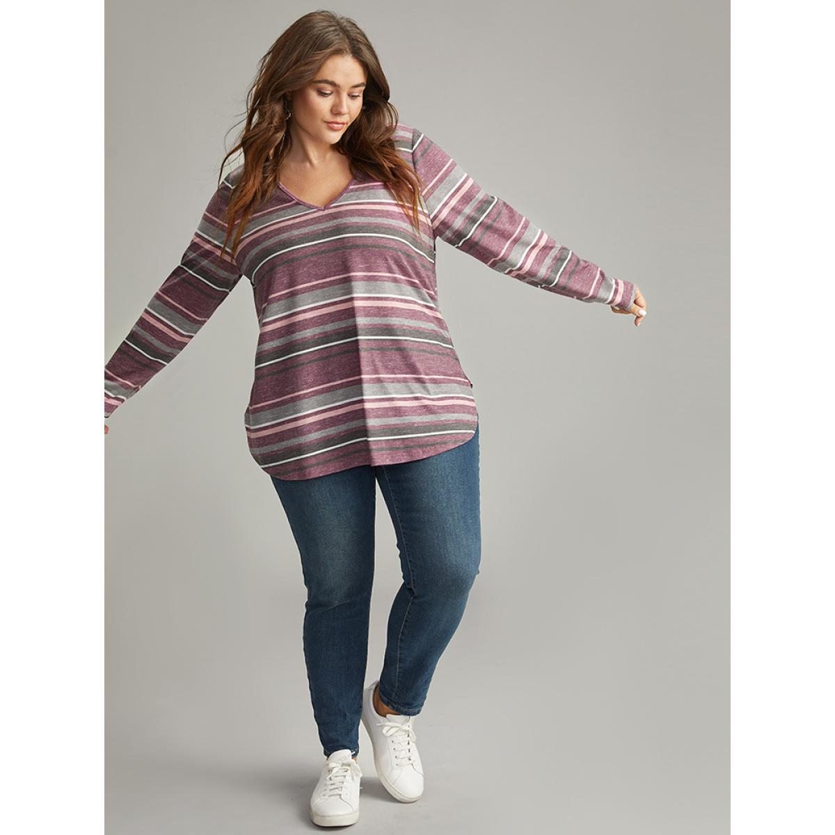 Plus Size Striped Contrast Heather Arc Hem T-shirt Multicolor Women Casual Heather Striped V-neck Everyday T-shirts BloomChic 14-16/1X Product Image