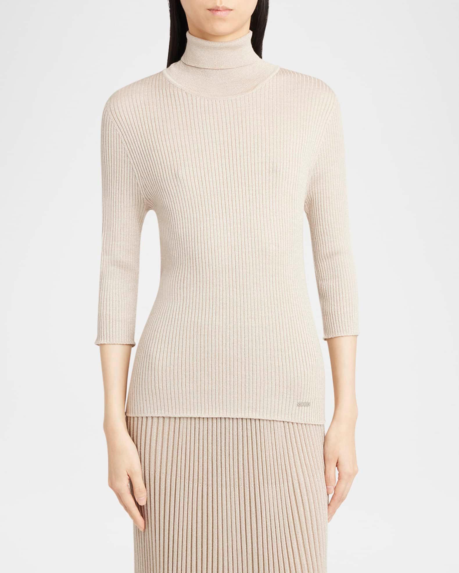 Turtleneck Metallic Rib 3/4-Sleeve Sweater Product Image