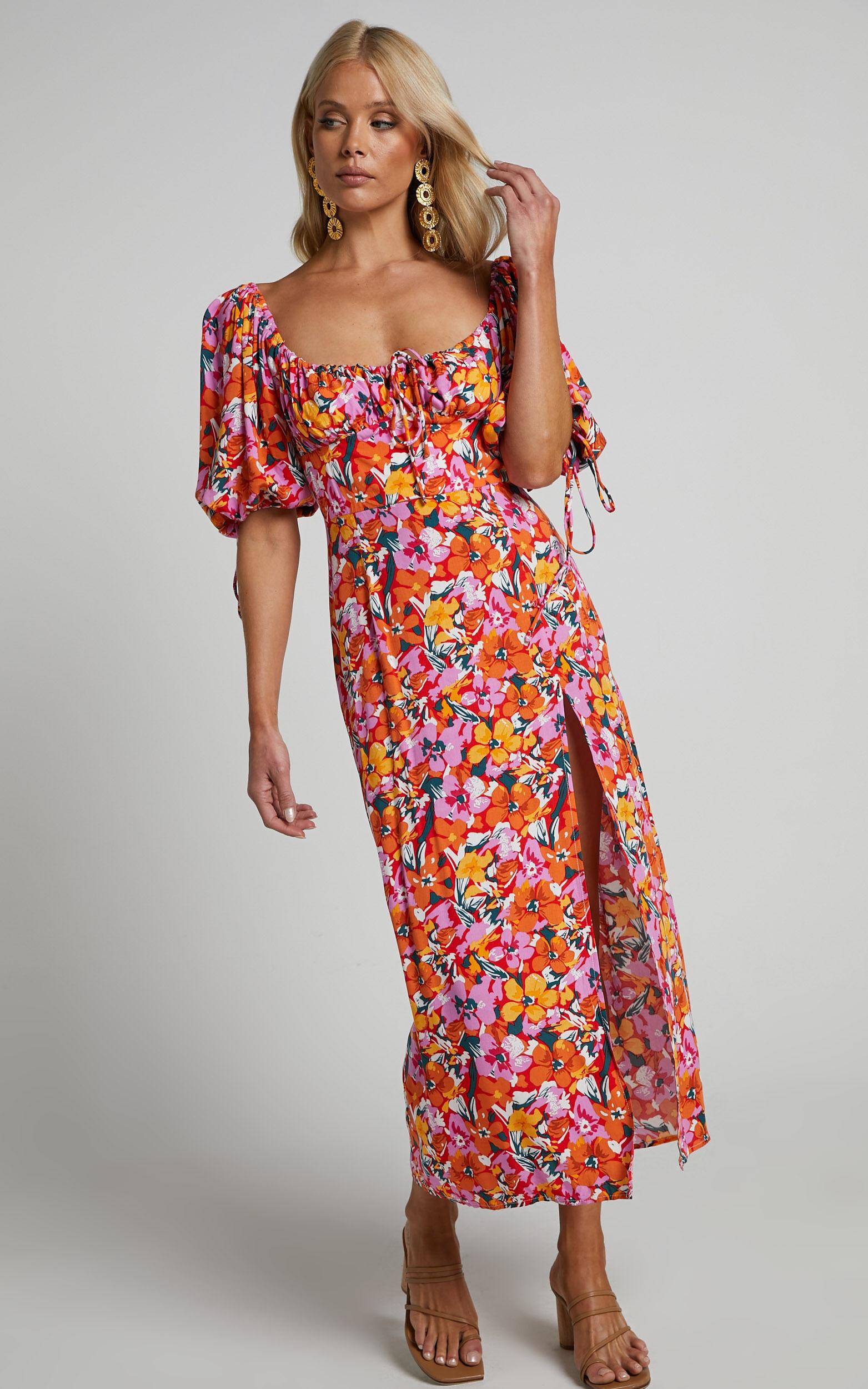 Rosario Midi Dress - Ruched Bust Puff Sleeve Dress in Spring Floral Product Image