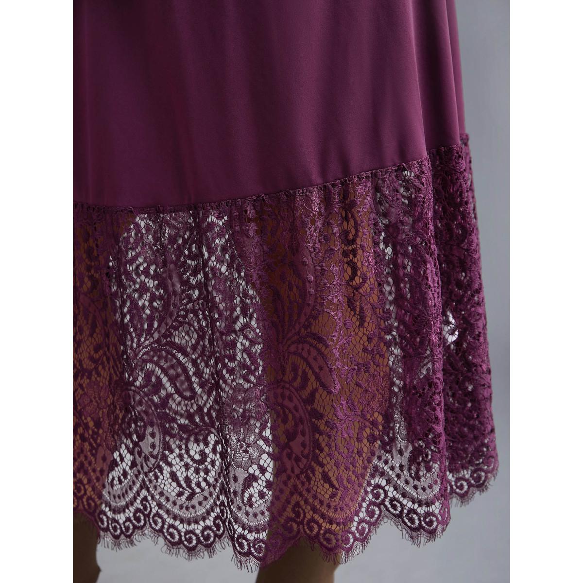 Plus Size Mock Neck Crochet Lace Belted Dress Deeppurplered Women Elegant Woven ribbon&lace trim Knit Dresses Bloomchic 30/6X Product Image