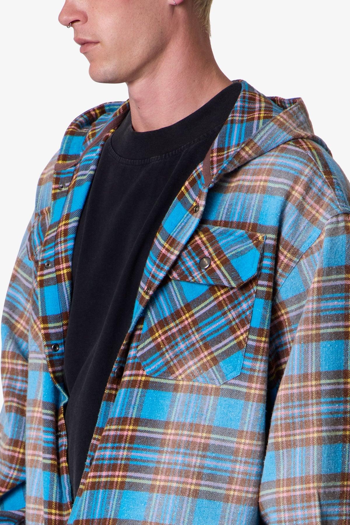 Faded Hooded Flannel Shirt - Washed Blue Product Image