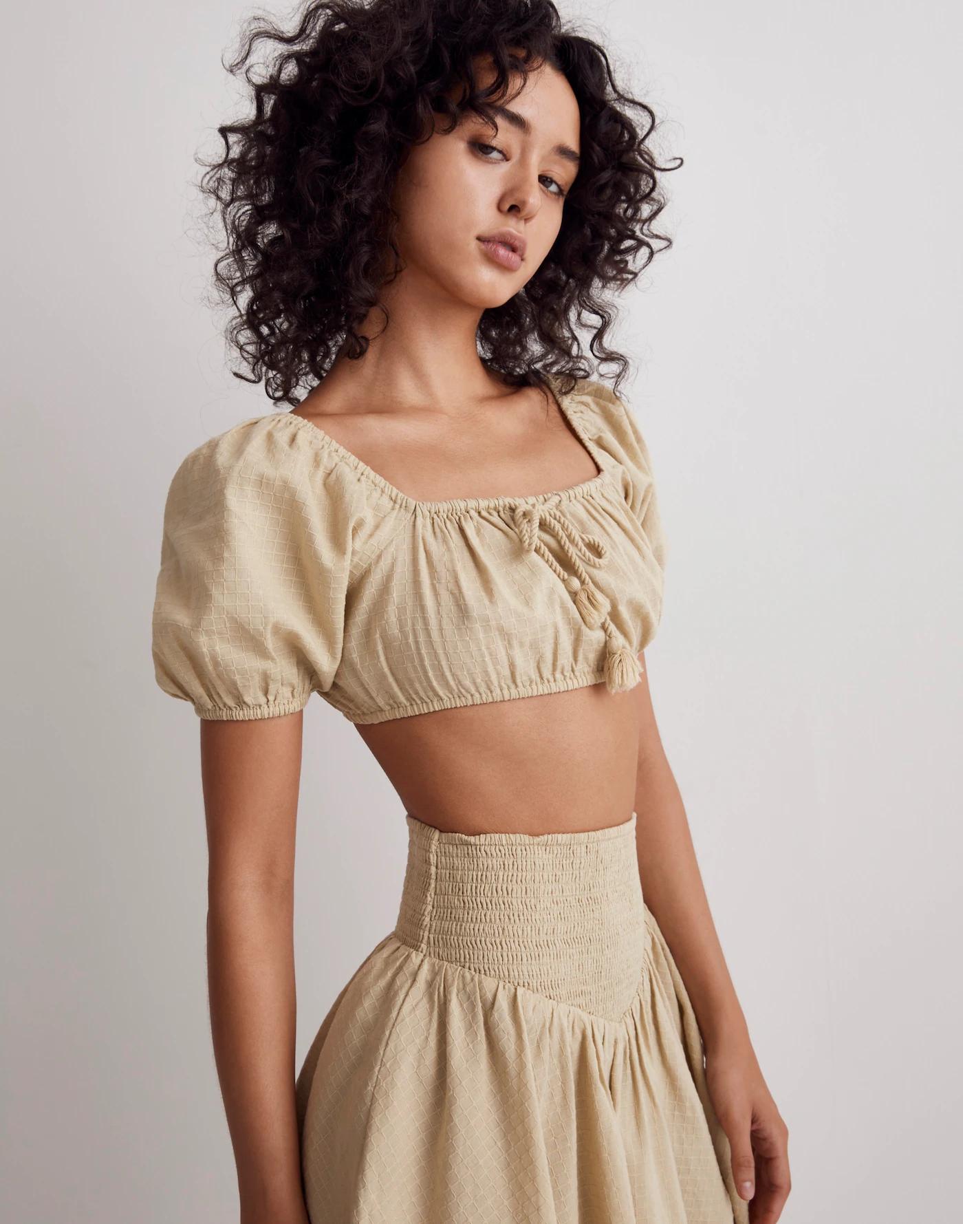 Dobby Tie-Front Puff-Sleeve Supercropped Top Product Image