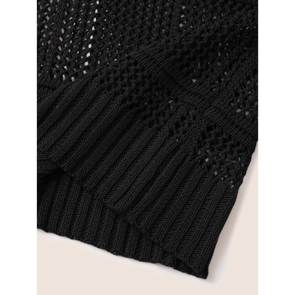 Plus Size Striped Hollow Out Bell Sleeve Pullover Black Women Casual Long Sleeve Round Neck Everyday Pullovers BloomChic 30/6X Product Image