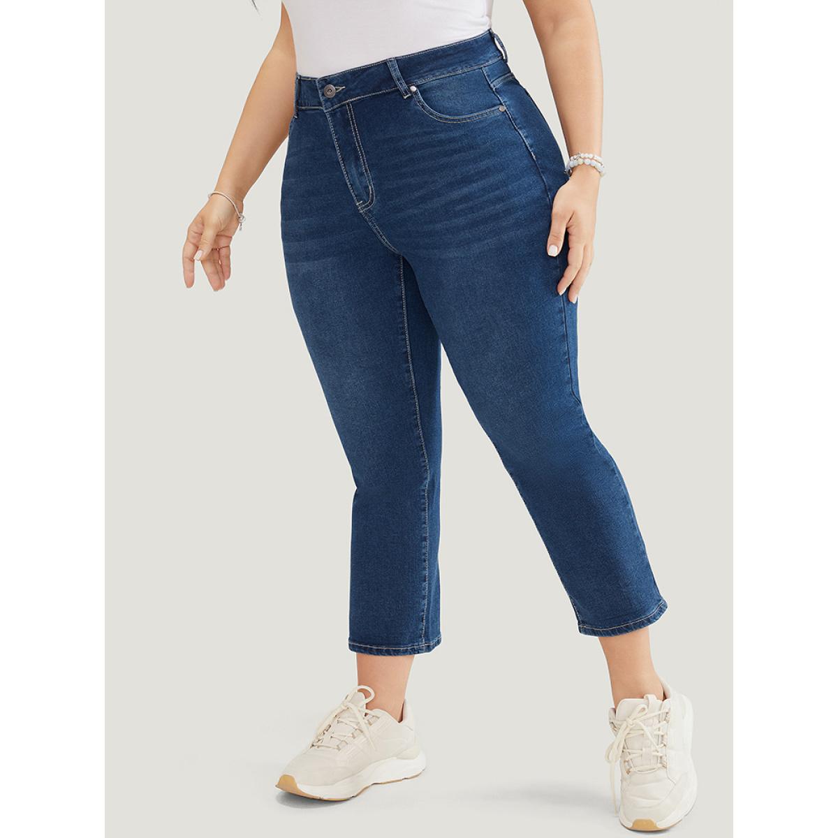 Plus Size Skinny Moderately Stretchy High Rise Dark Wash Jeans Women DarkBlue Casual Plain Medium stretch Jeans BloomChic 10/M Product Image