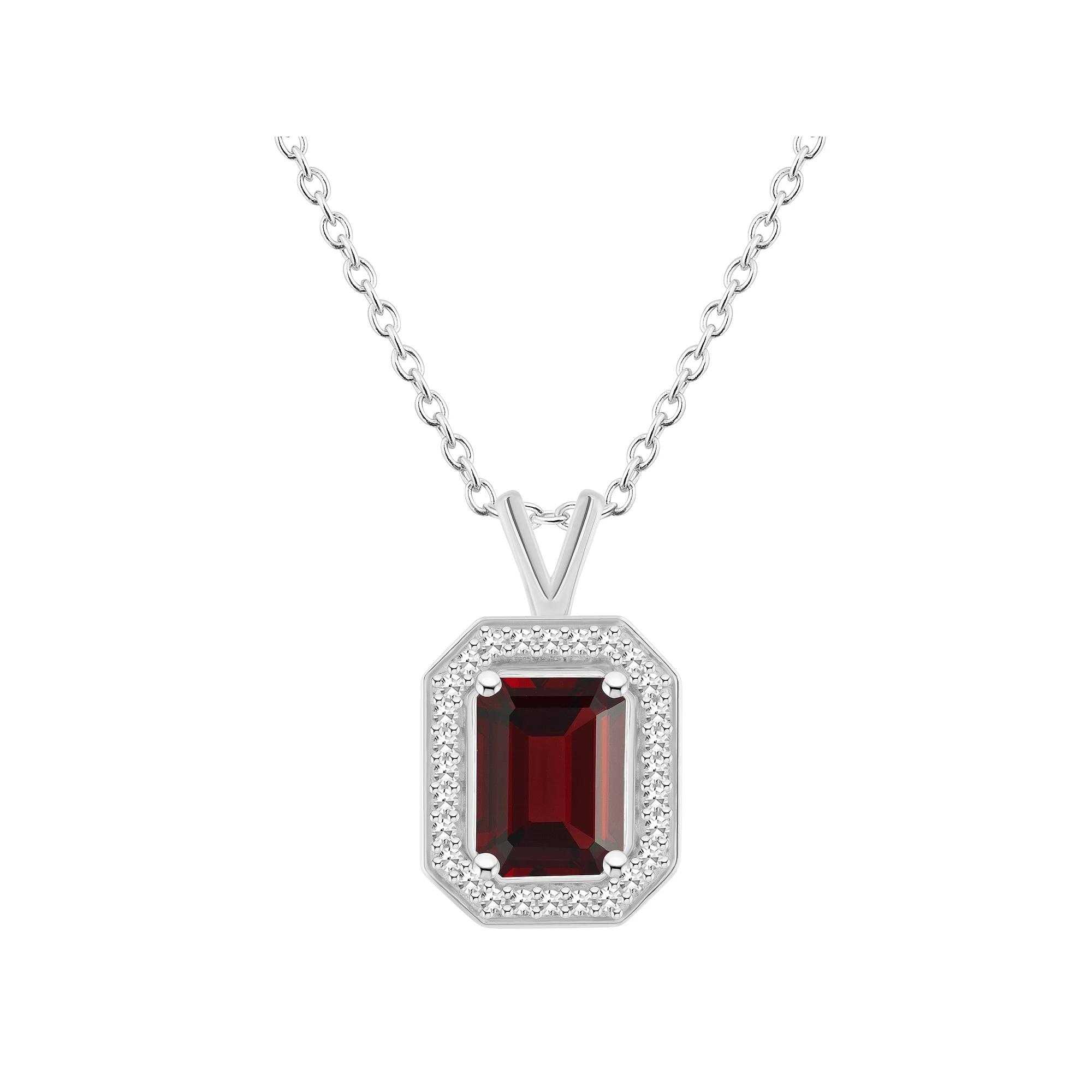 Celebration Gems Sterling Silver Emerald Cut Gemstone & 1/8 Carat T.W. Diamond Halo Pendant Necklace, Women's, Size: 18", Red Product Image