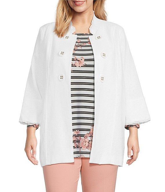 Multiples Plus Size Linen-Blend Stand Collar 3/4 Flounce Sleeve Open-Front Jacket Product Image