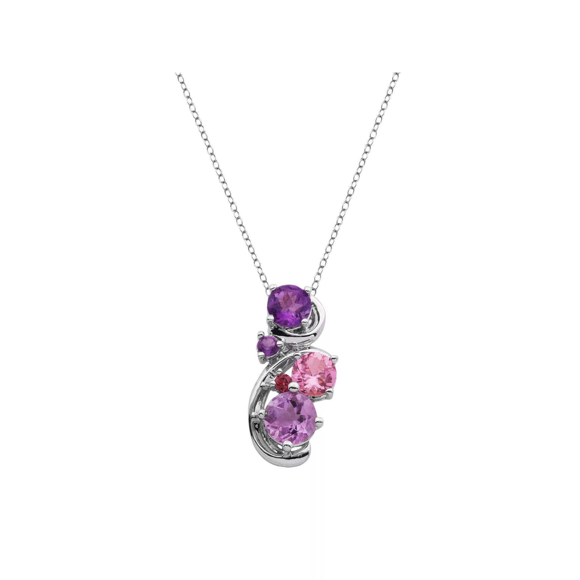 Sterling Silver Amethyst, Rhodolite Garnet and Lab-Created Pink Sapphire Swirl Pendant, Women's, Size: 18", Purple Product Image