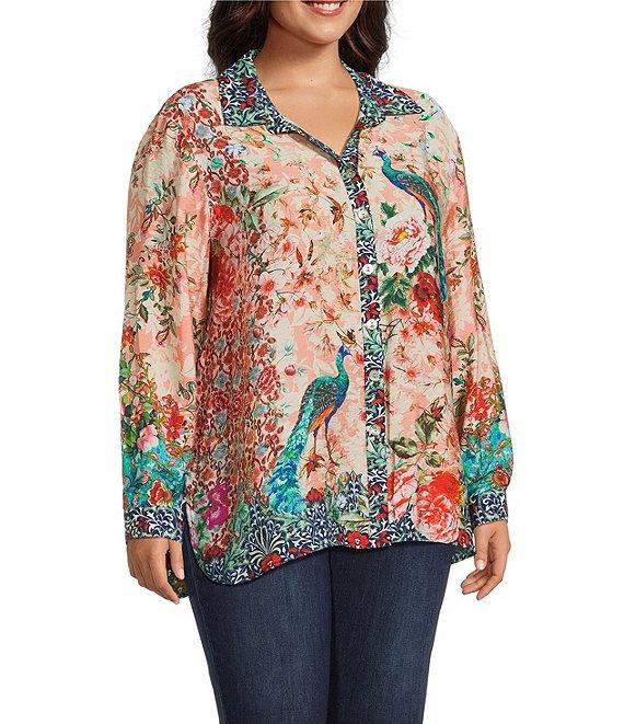 John Mark Plus Size Floral Multi Woven Point Collar Long Roll-Tab Sleeve Button Front Shirt Product Image