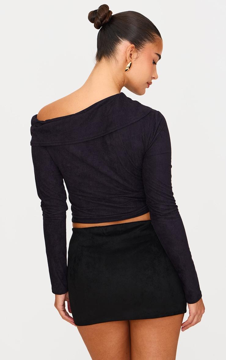 Black Faux Suede Asymmetric Shoulder Long Sleeve Top Product Image