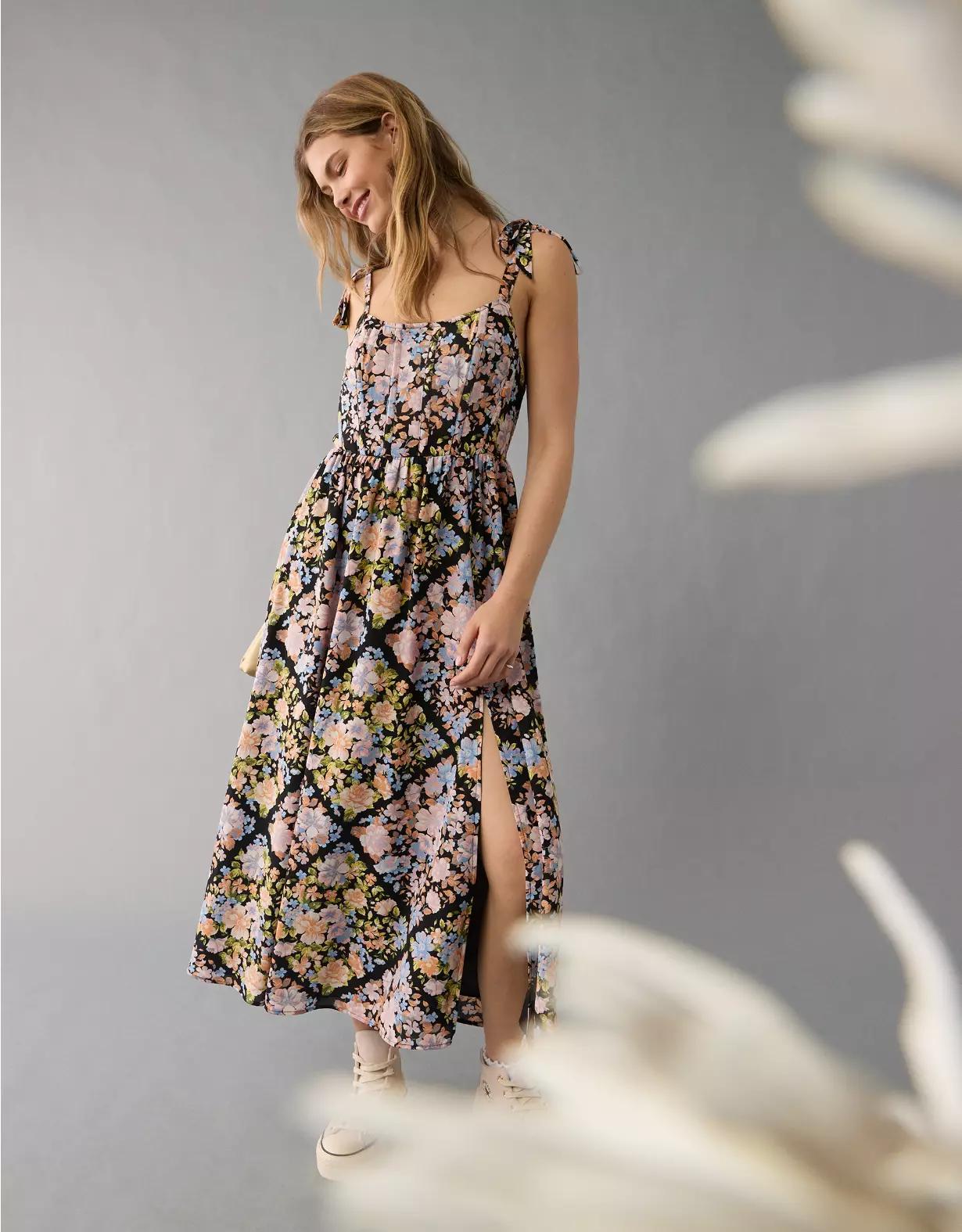 AE Corset Tie Strap Floral Midi Dress Product Image