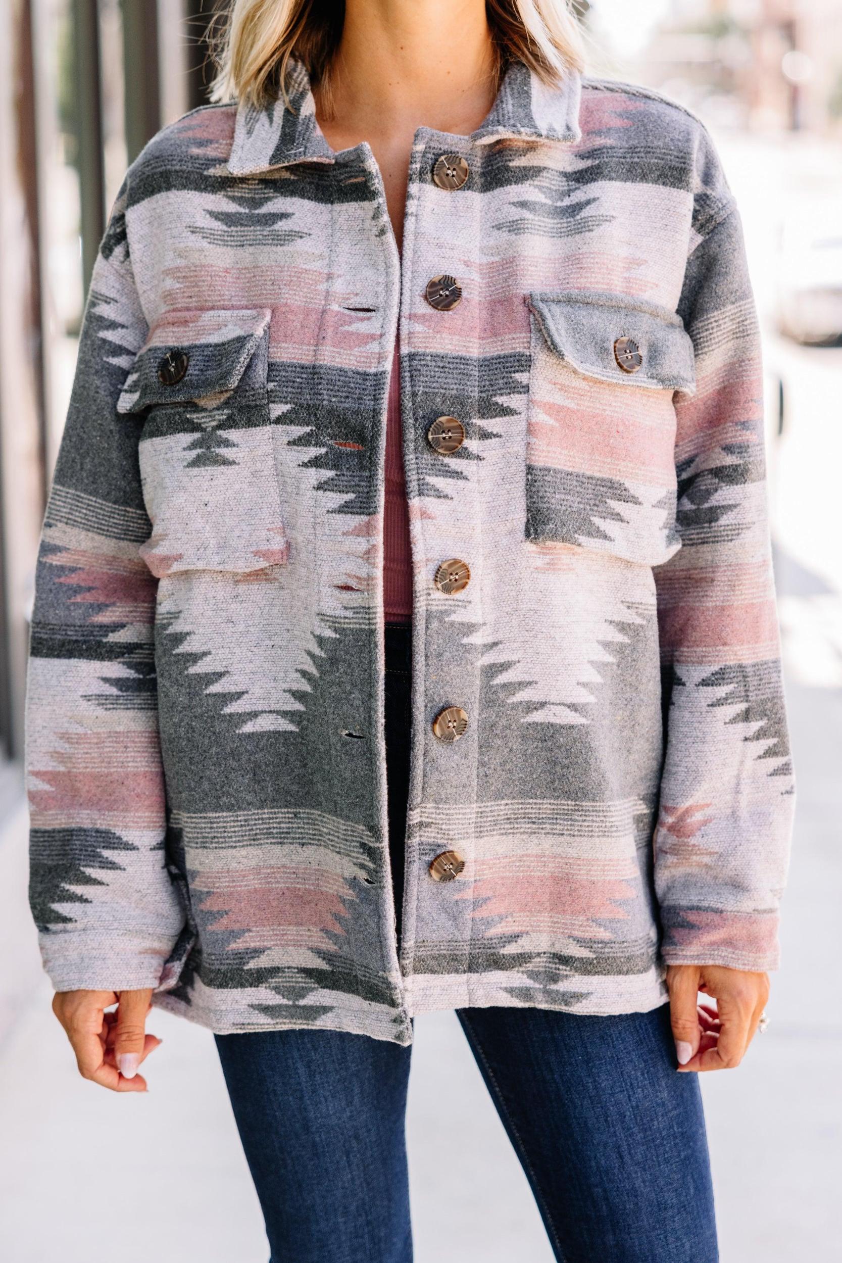 At Your Best Charcoal Gray Aztec Shacket Female Product Image