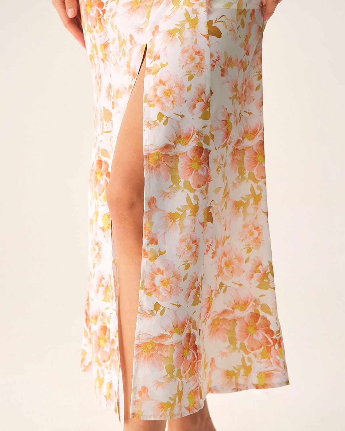 Orange Floral V-Neck Puffed Sleeve Maxi Dress Product Image
