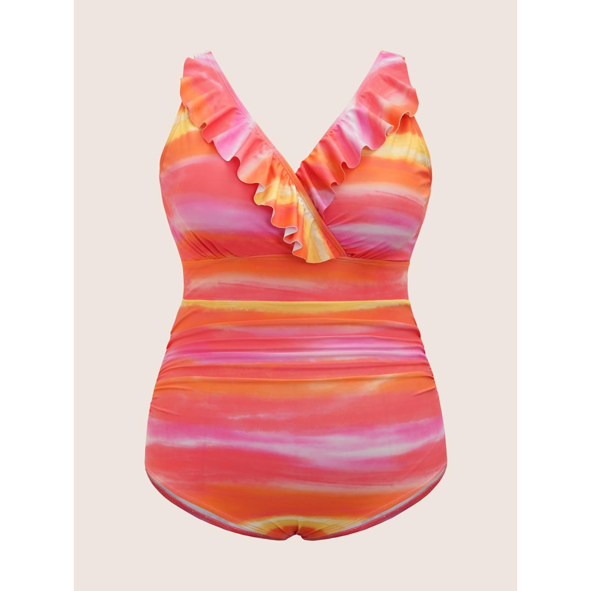 Plus Size Ombre Wrap Ruffle Trim One Piece Swimsuit Women's Swimwear Multicolor Beach Gathered Curve Bathing Suits High stretch One Pieces BloomChic 22-24/3X Product Image