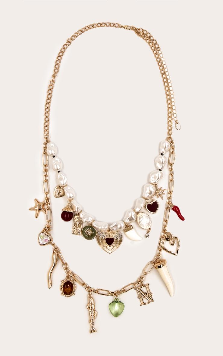 White Pearl Beaded Layered Charm Necklace Product Image