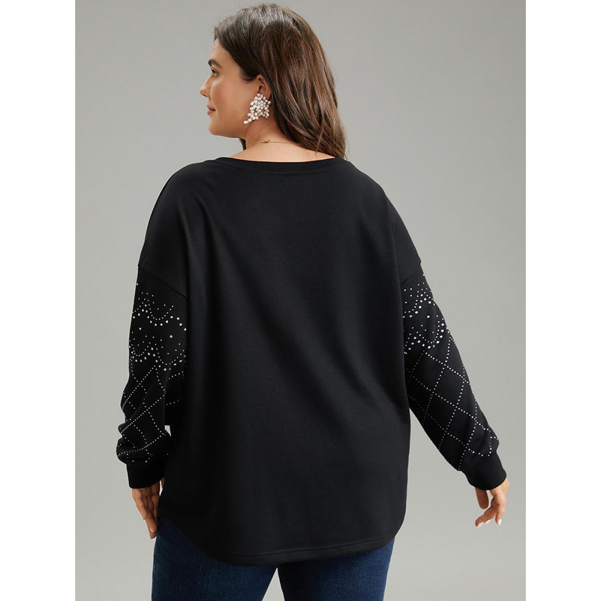 Plus Size Rhinestone Plain Drop Shoulder Sweatshirt Women Black Elegant Rib Knit V-neck Dailywear Sweatshirts BloomChic 18-20/2X Product Image
