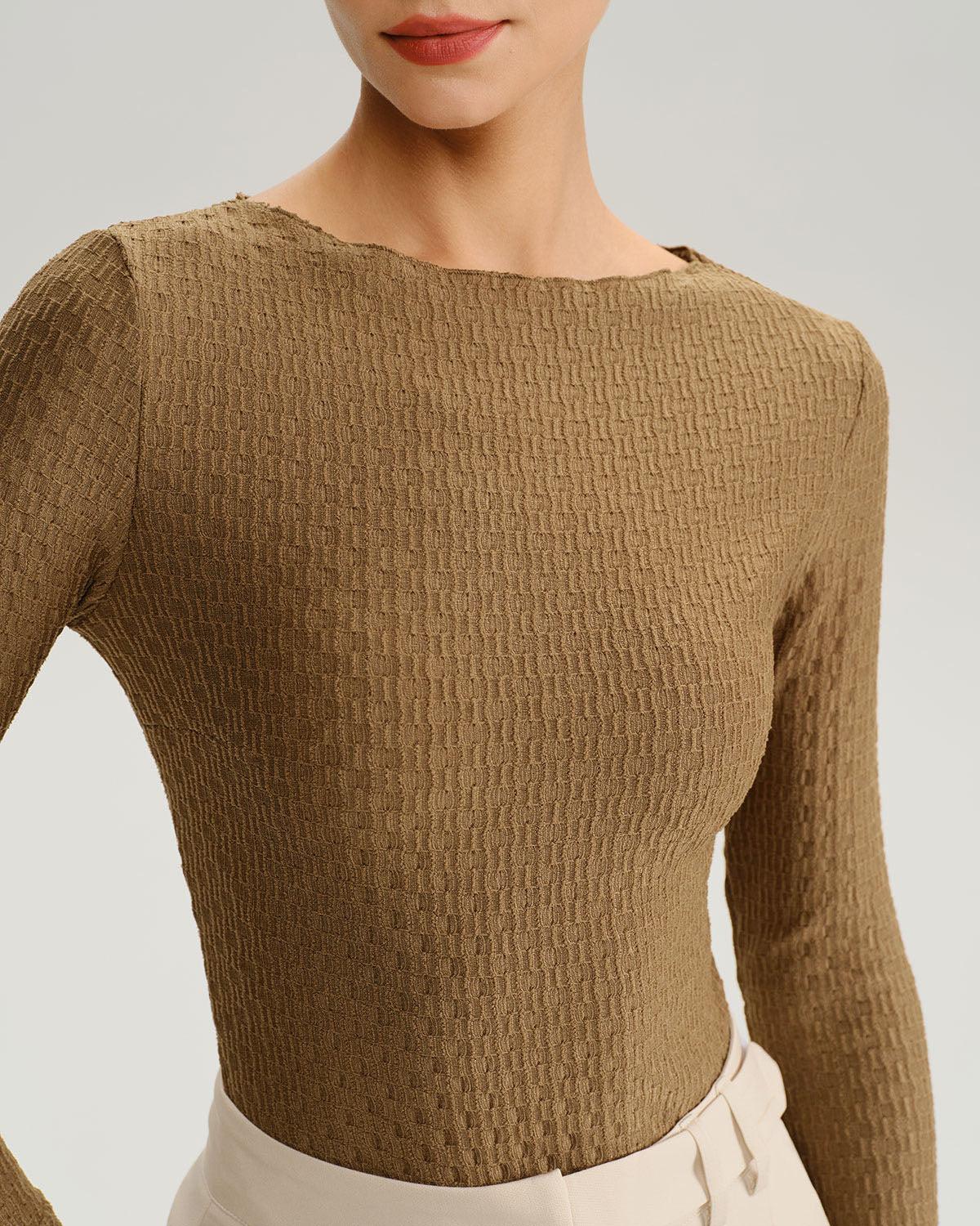 Brown Boat Neck Bell Sleeve Knit Tee Product Image