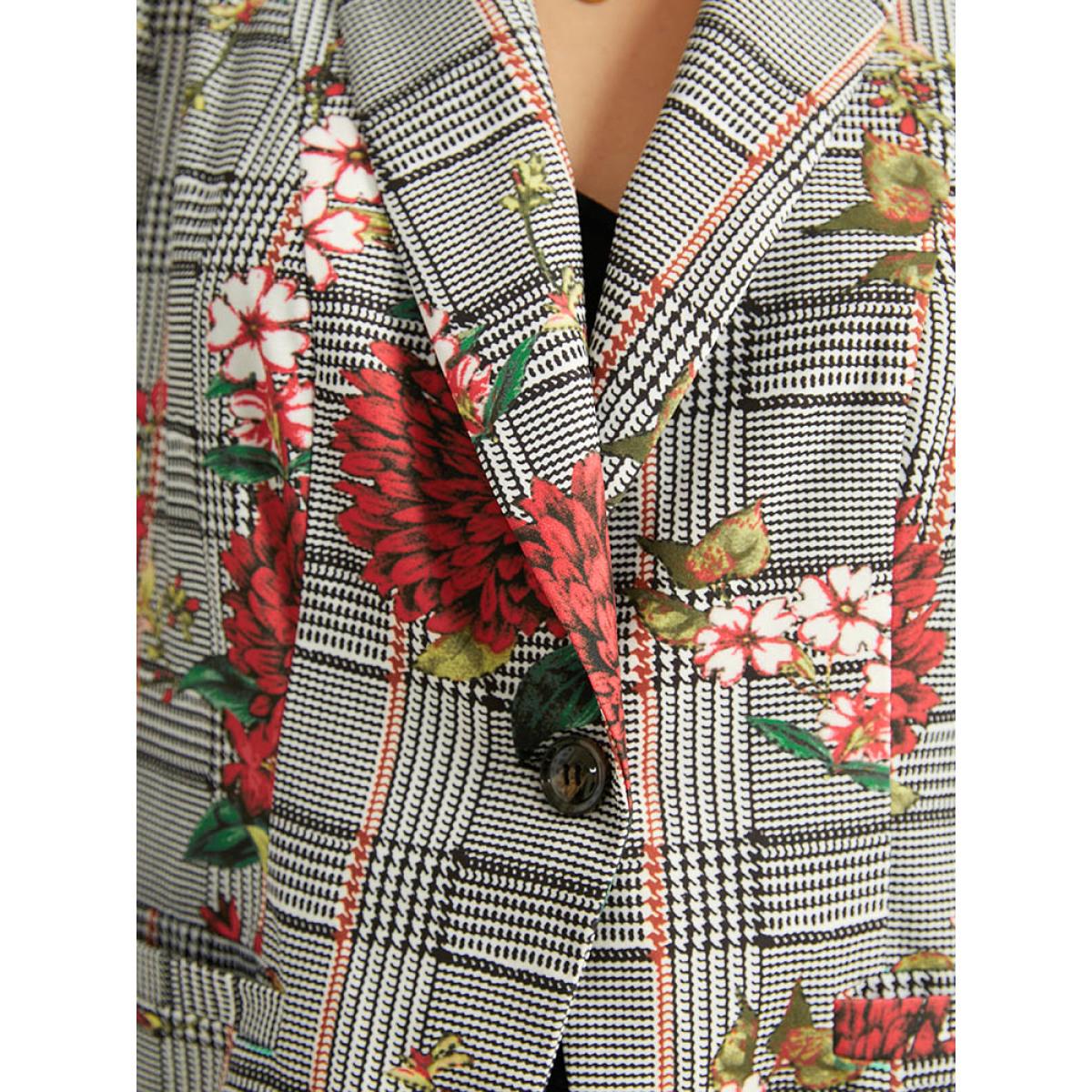 Plus Size Floral Plaid Patchwork Pocket Blazer Multicolor Women Dailywear Plaid Printed Sleeve Long Sleeve Lapel Collar 28/5X Pocket Elegant Blazers BloomChic Product Image