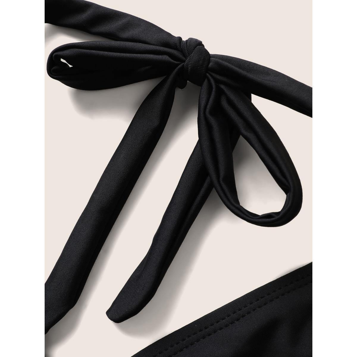 Plus Size Embroidered Wrap Tie Knot Swim Top Women's Swimwear Black Beach Woven ribbon&lace trim High stretch Skinny Overlap Collar Curve Swim Tops BloomChic 14-16/1X Product Image