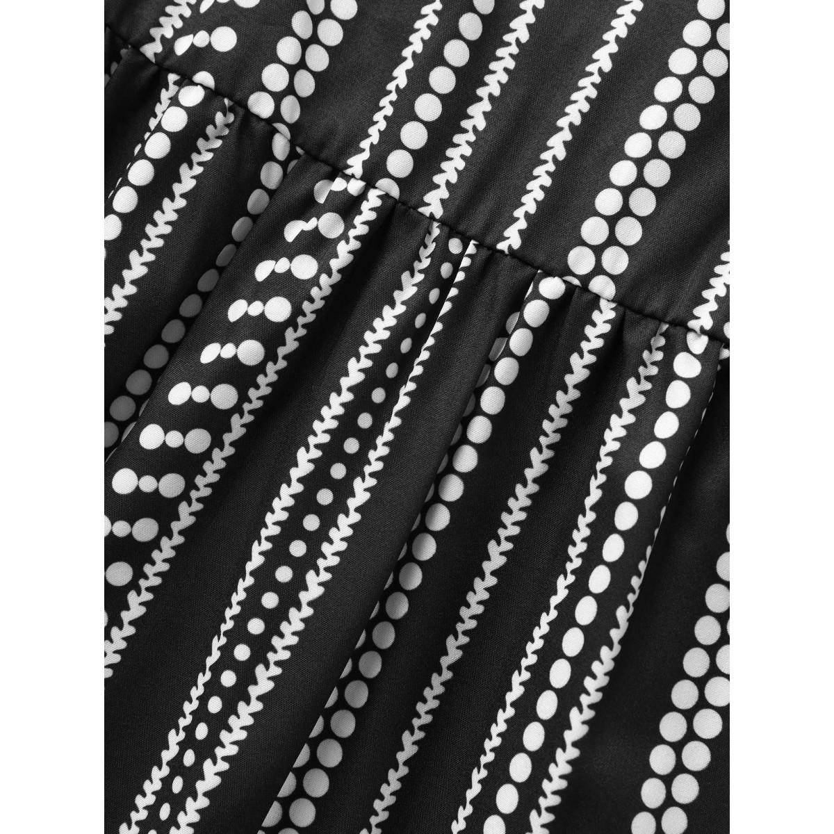 Plus Size Striped Elastic Waist Ruffle Sleeve Dress Black Women Work From Home Ruffles Flat collar with V-notch Short sleeve Curvy BloomChic 14-16/1X Product Image