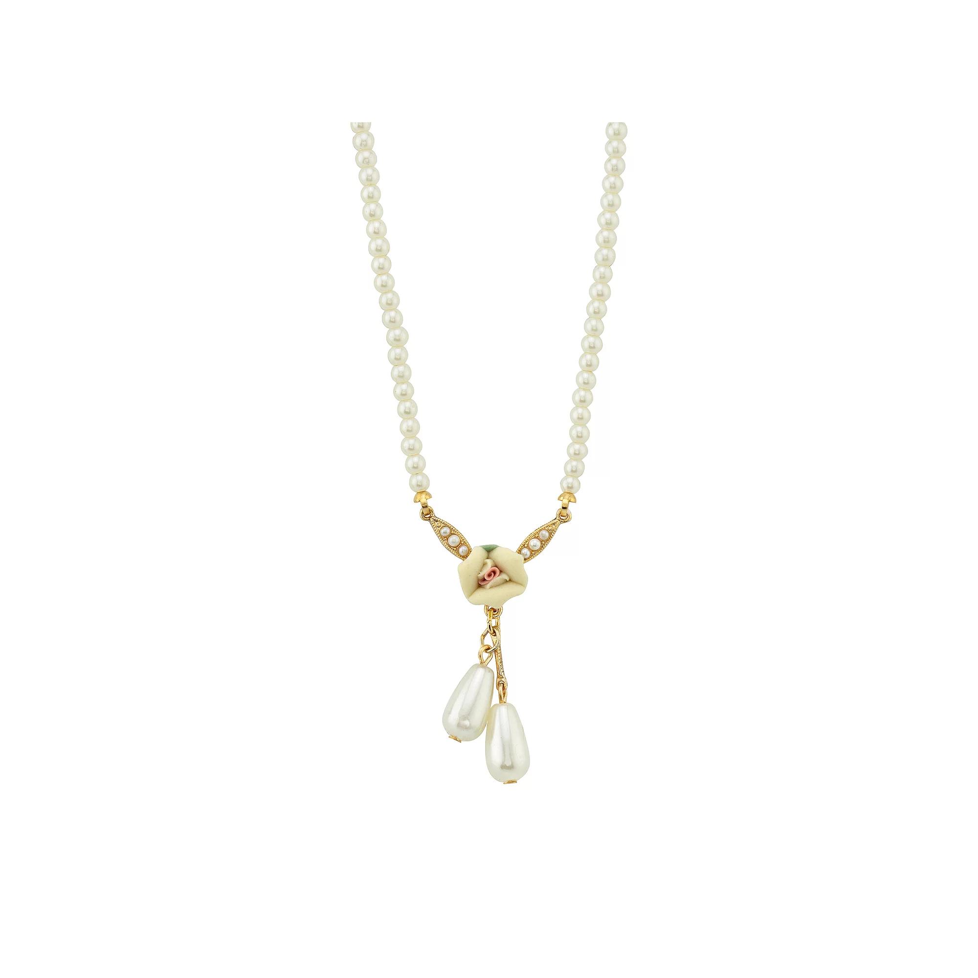 1928 Gold Tone Porcelain Rose and Faux Pearl Drop Necklace, Women's, White Product Image