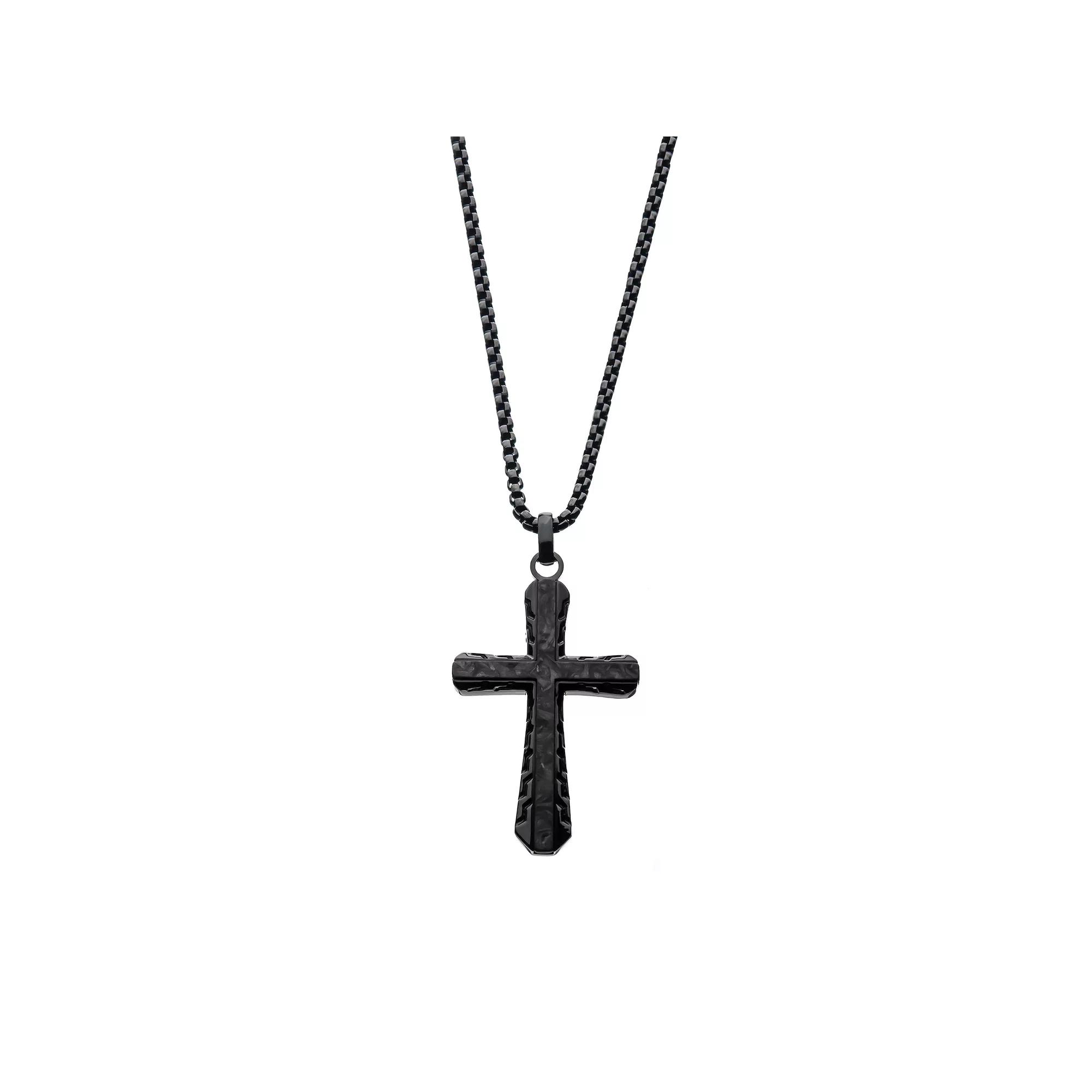 DANTE Men's Fine Silver Stainless Steel Black Carbon Epulchre Cross Pendant Necklace,  Product Image